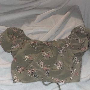 Green, floral, cropped, blouse
